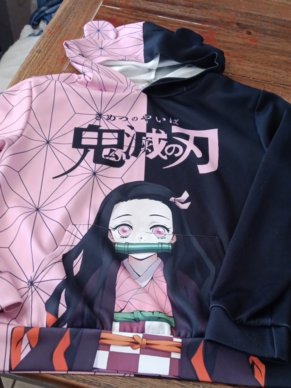 Kids Pink & Black Anime Graphic Hoodie - Nezuko Design